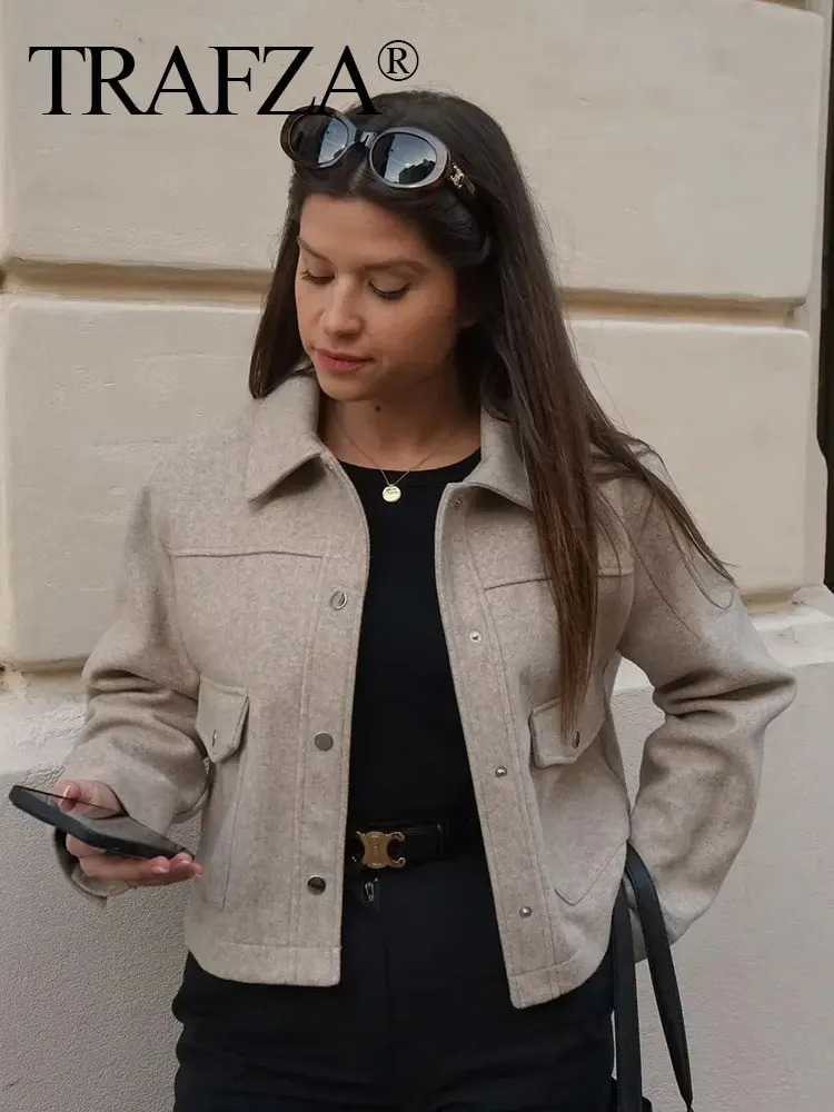 TRAFZA Jackets For Womens Autumn Fashion Solid Front Pockets Button Long Sleeve Jacket Elegant Woman Casual Outerwear Coat 241115