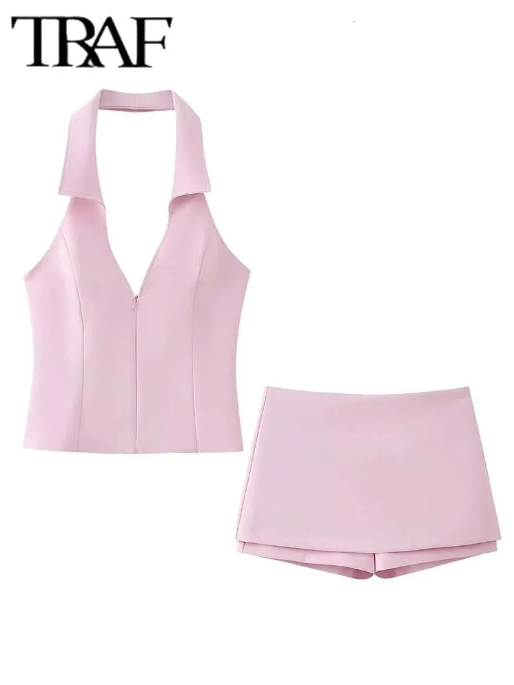 TRAF Woman 2 Pieces Shorts Skirt Sets Fashion Zipper Halter Crop Top Women Suit Mini Skorts Two Piece Set Outfit 240415