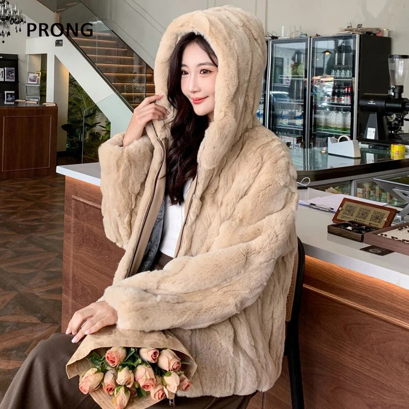 100 Real Rabbit Fur Coat Women Winter Loose Hooded Zipper Natural Fur Jacket Thick Warm Woman Clothing Female Furry Outerwears 241115