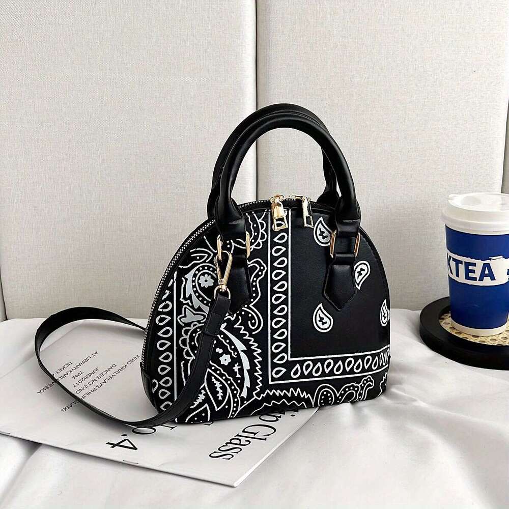 ral Print Versatile Dome Shoulder Bag, Portable Double Handle Stylish Handbag, Zipper Faux Leather Trendy Crossbody Bag