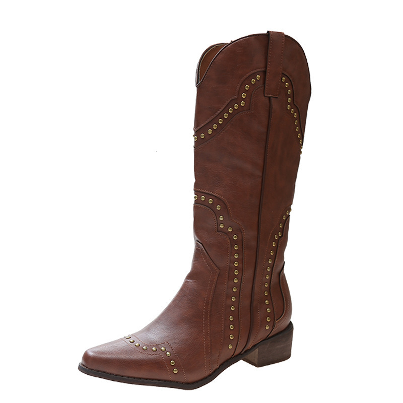 2024 european and american new retro rivet western cowboy boots versatile high knee knight boots thick heel cowboy boots for women