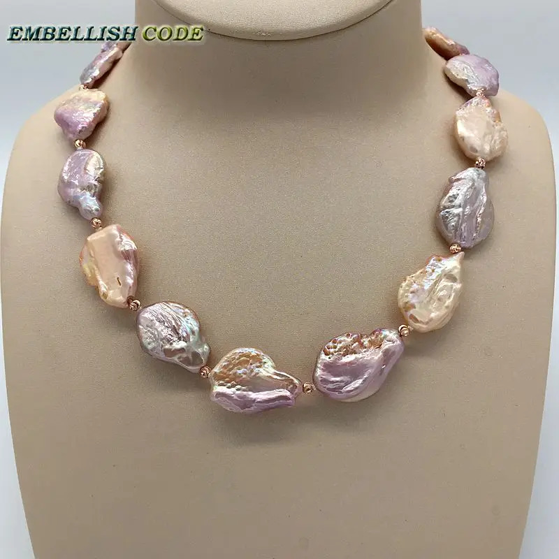 Special Rainbow Baroque Pearl Declaration Necklace Bracelet Hook Earring Set Rose Gold Plated Peach Colored Flat Coin 241115