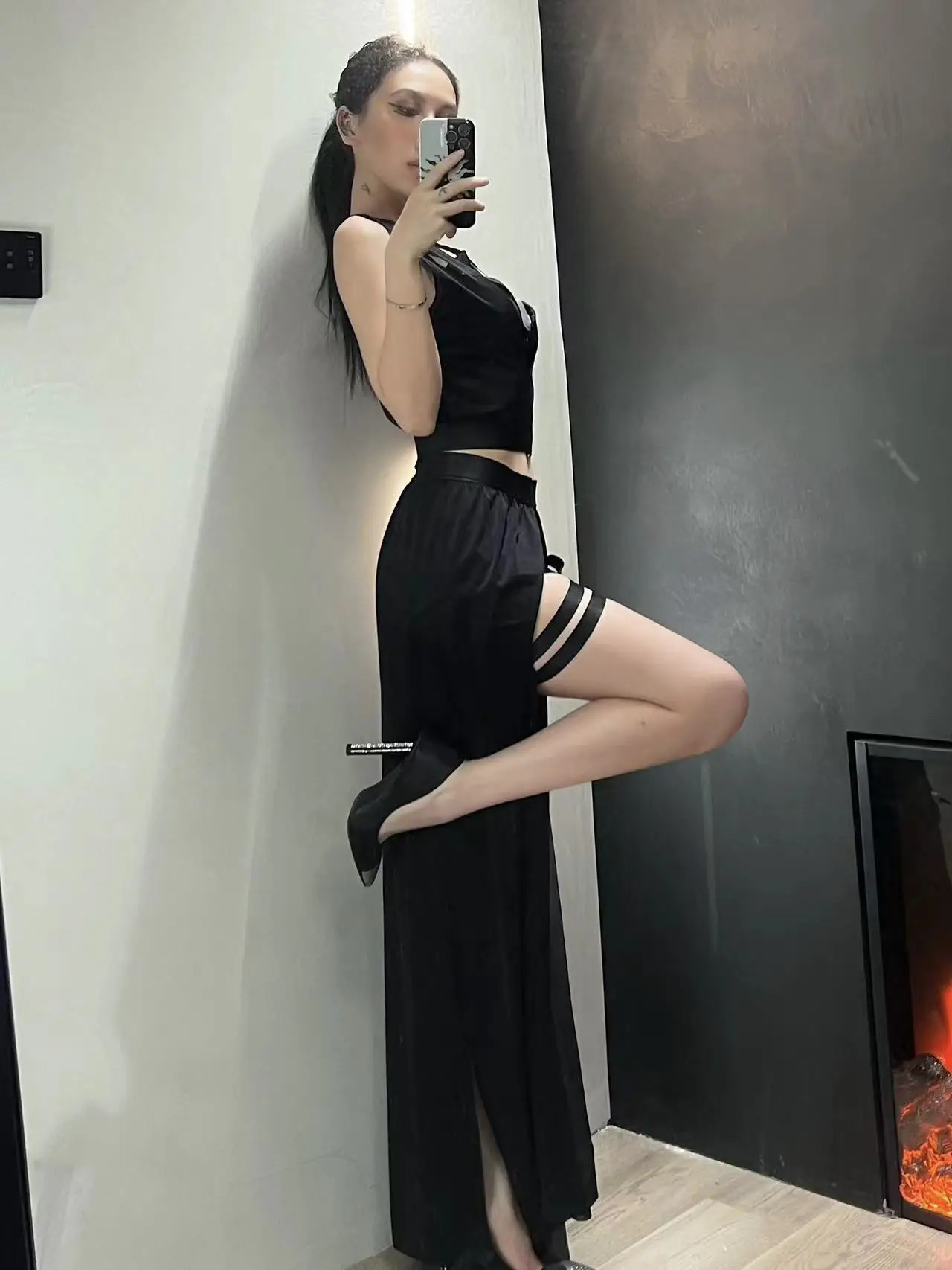 Goth Club Mesh Sexy Summer Corsets Skirt Set Women Sleeveless Black Crop Bra Top Bandage Underpants Slit 4pcs Sets 240403