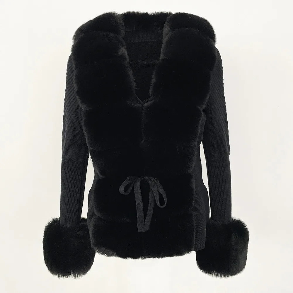 Faux Fur Coat Patchwork Knit Sweater Bandage Fur Cardigan Detachable Collar Jacket Autumnwinter Womens Faux Fur Coat 241115