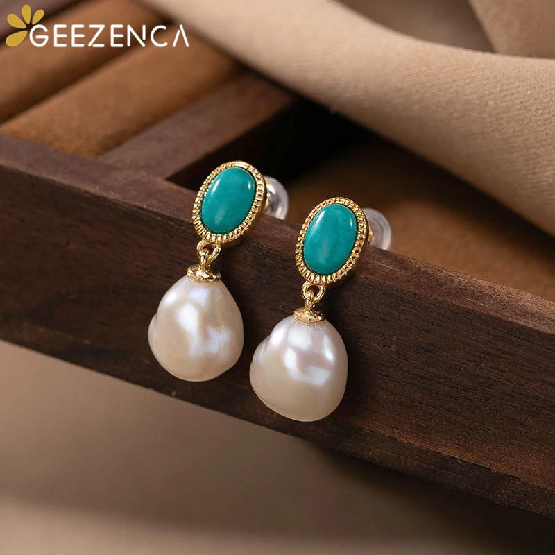 925 sterling silver Baroque pearl turquoise gold-plated jewelry set with earrings pendant necklace ring simple and fashionable womens gift 241115