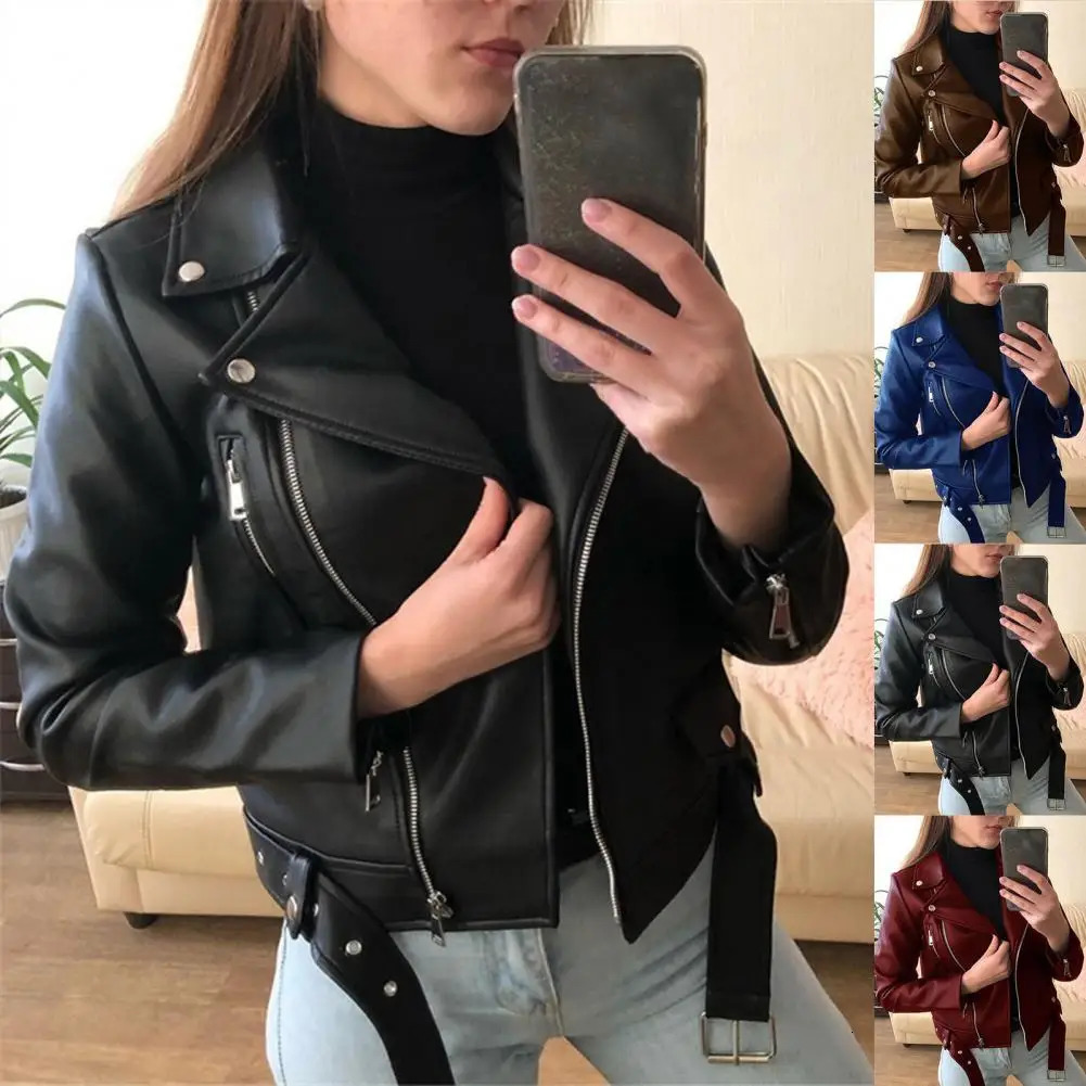 Solid Color Lady Faux Leather Jacket Autumn Winter biker Women Waterproof Coat veste femme 241115