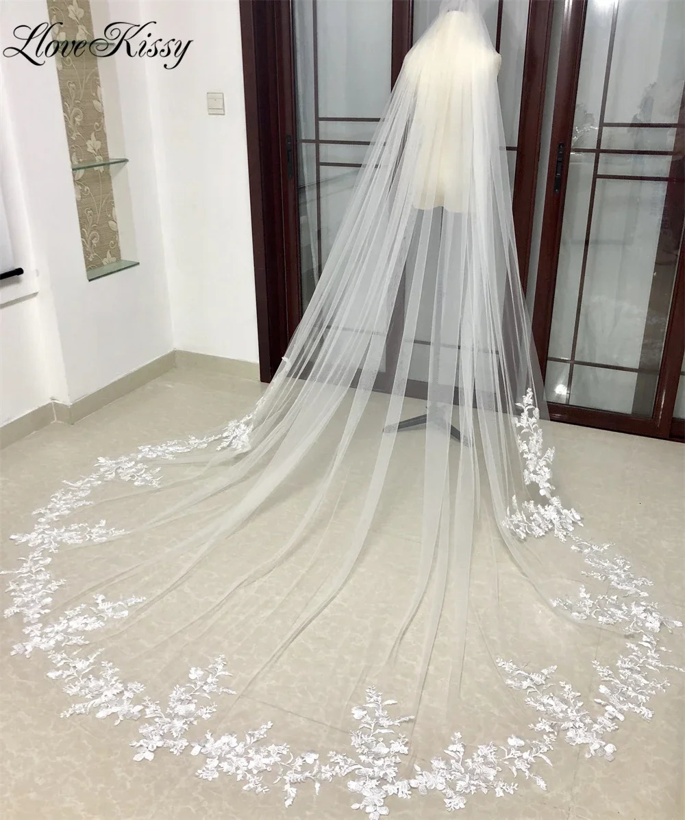 1 layer bridal veil long wedding veil lace edges with comb floral decals elegant white ivory bridal cathedral veil 300cm 241115