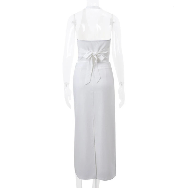 Women Button Up Backless Halter Crop Tank Tops Slit Long Skirt Y2K Aesthetic Matching Set 2 Piece Elegant Outfits Streetwear 240415