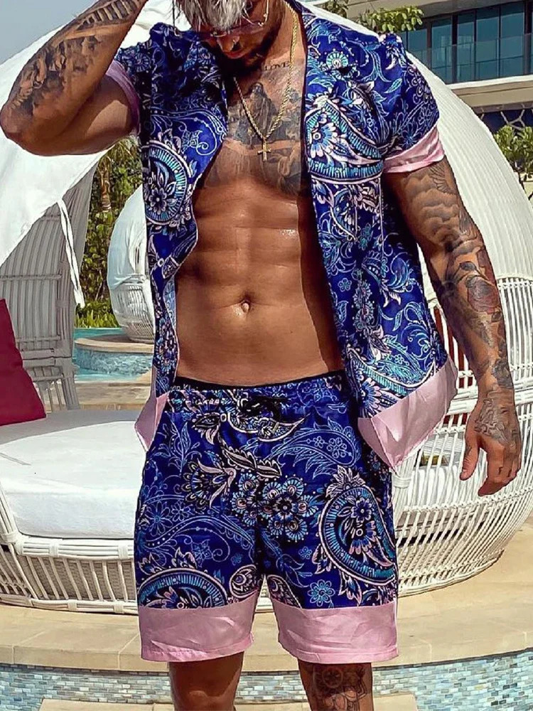 Vintage Geometric Printed Two Piece Sets Mens Summer Casual Short Sleeve Lapel Shirt and Shorts Beach Suits Men Fashion Outfit 240412