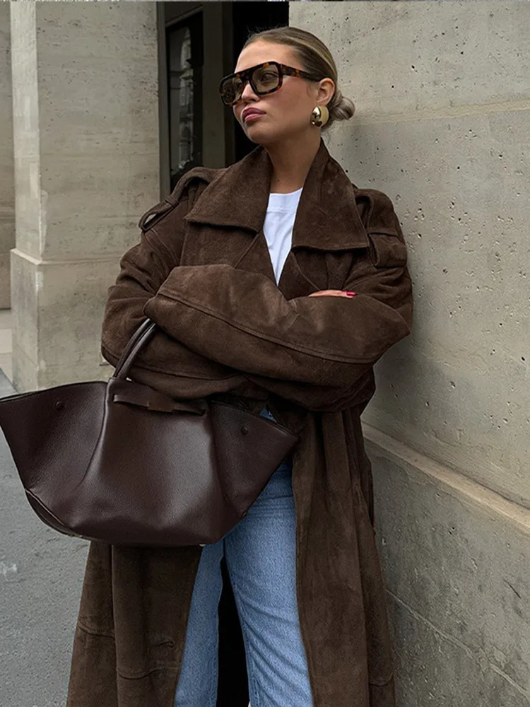 Fashion Brown Lapel Single Breasted Suede Leather Jackets For Women Chic Oversized Pockets Cropped Overcoat Lady Streetwear 241114