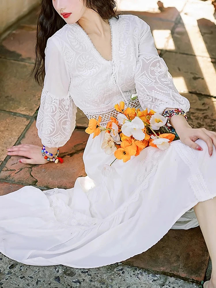 Summer Women Long Dress Vintage White Boho Lace Dresses Female Hollow Out Ladies Elegant Loose Beach Holiday Vestidos 240415