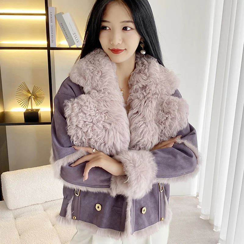2023 Autumn And Winter Lamb Hair Collar Rex Rabbit Hair Grass Integrated Short Fashion Double breasted Real Leather Top Coat 241115