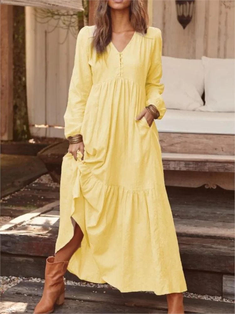 Cotton Linen Women Long Dress Loose Fashion VNeck Casual Solid Sleeve ALine Sexy Dresses Elegant Ruffles Vestido 240415