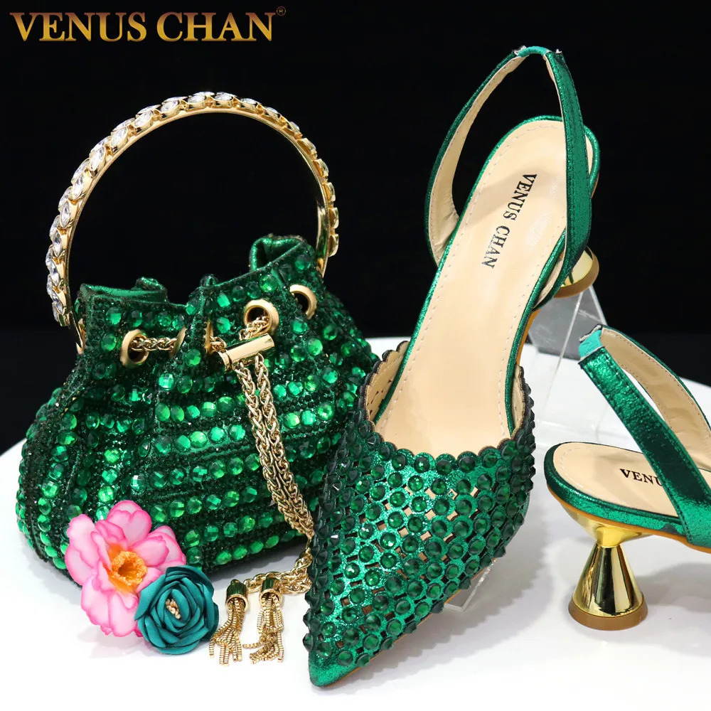 Chan High Heels for Lady y ner Green Color Full Diamond Pointed Toe Wedding Shoe and Bag Set Party 241114