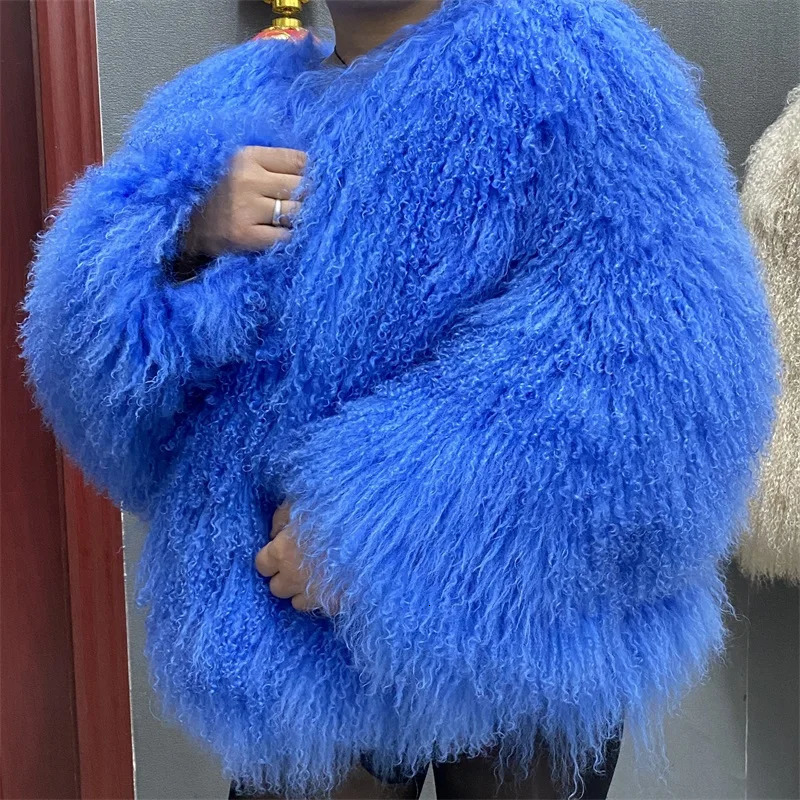 Pattern Plus Size Dark Brown color Mongolia Sheep Fur Jacket Women Real Female Winter Warm Outerwear 241115