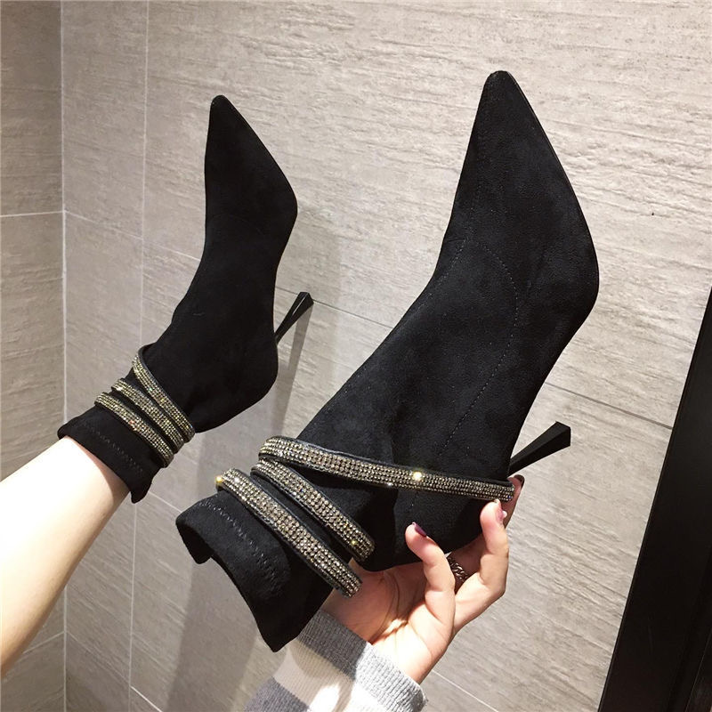 Suede Rhie Snake Shaped Winding Belt Short Autumn Winter New New Black Pointed High Heels Ankle Boots Size 34-39
