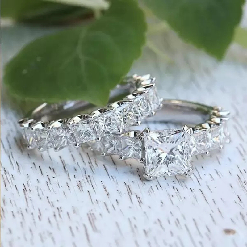 Gorgeous Stunning Wedding Rings Elegant Handmade Luxury Jewelry 925 Sterling Silver Princess Cut White Lab Moissanite Diamond Party Women Couple Brida