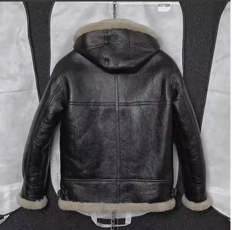 CC store is the Mens 100% genuine leather jacket with hat High quality winter warm coat Sheepskin and wool Black cut fabric 241115