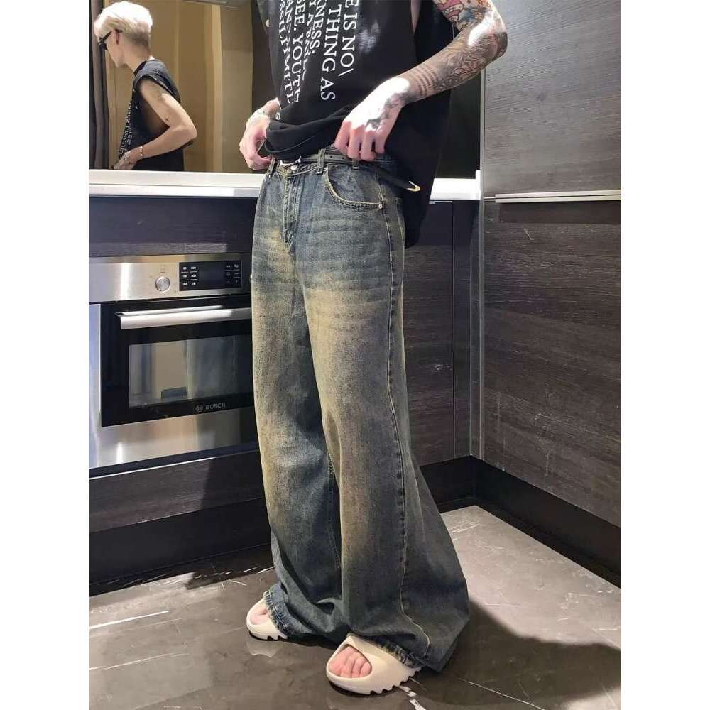 MenBaggy Straight Jeans Distressed Blue Fashion Youth Streetwear Denim Pants Personality Hip Hop Male Trousers Trendy Brand