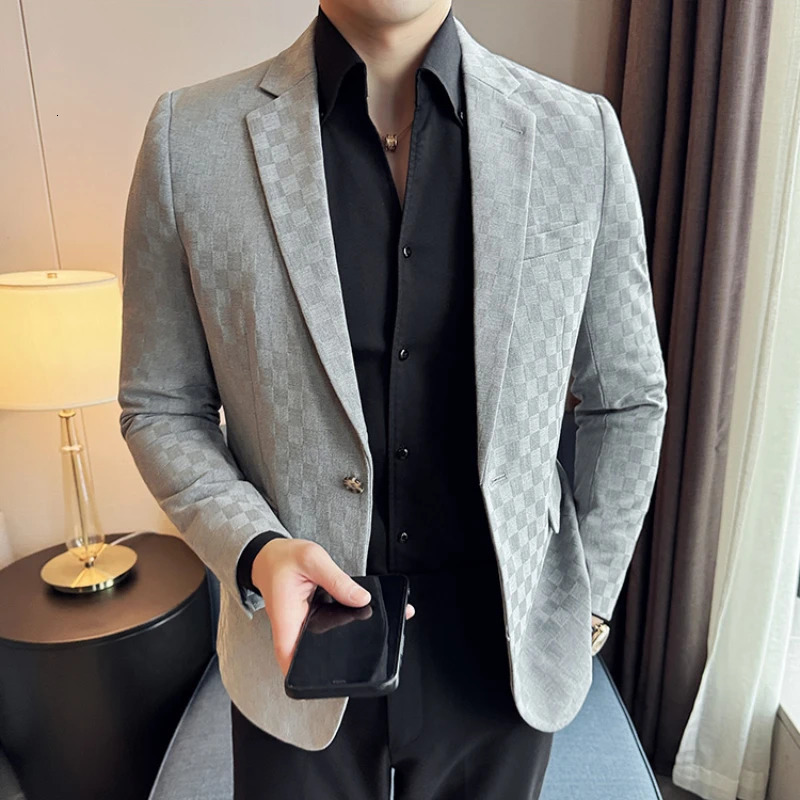 Spring Checkered Jacket Mens Single Chest Casual Business Set Jacket Fashion Ultra Thin Social Banquet Wedding Dress 241114