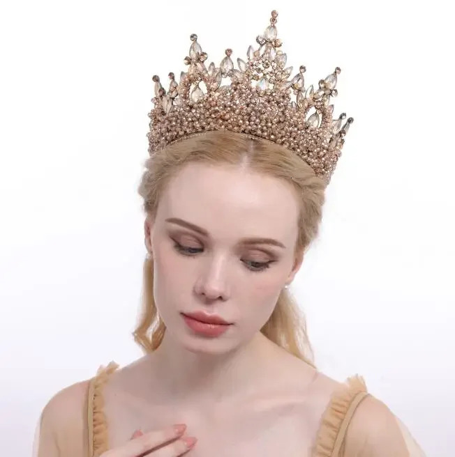 Large size wedding crown handmade bead crystal bridal crown rhinestone pearl crown 241115