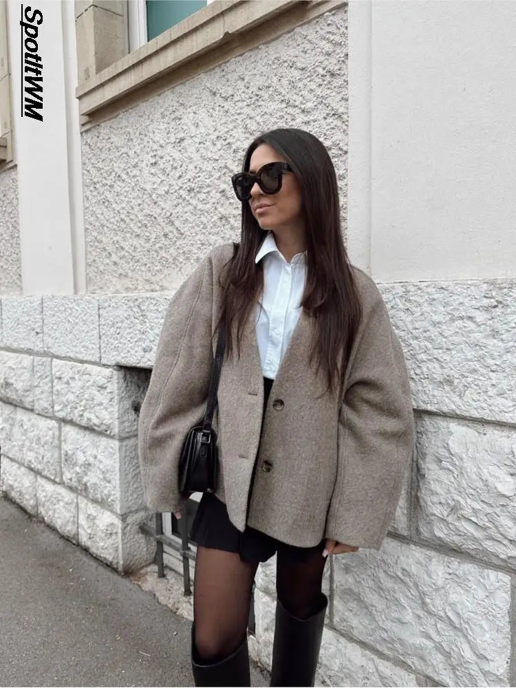 Women Vintage Blends Fit Blazer Coat Fashion Loose Double Breasted Long Sleeve Pockets Female Jackets Chic Lady Coats 241115