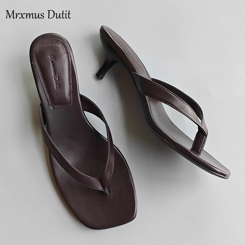 Mrxmus Dutit 2024 Summer Fashion Genuine Leather Square Head Flip Flops Women Simple Casual Mid Heel Shoes Female Chic 241115