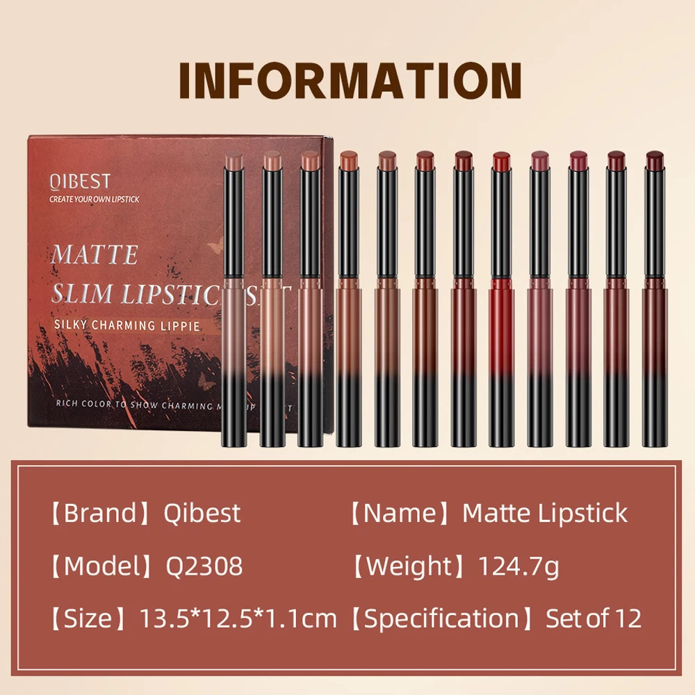 QI 12 Colors Matte Lipstick Pen Set Velvet Nude Lipstick Pencil Sexy Red Brown Pigments Lips Makeup Long Lasting Lip Tint 240412