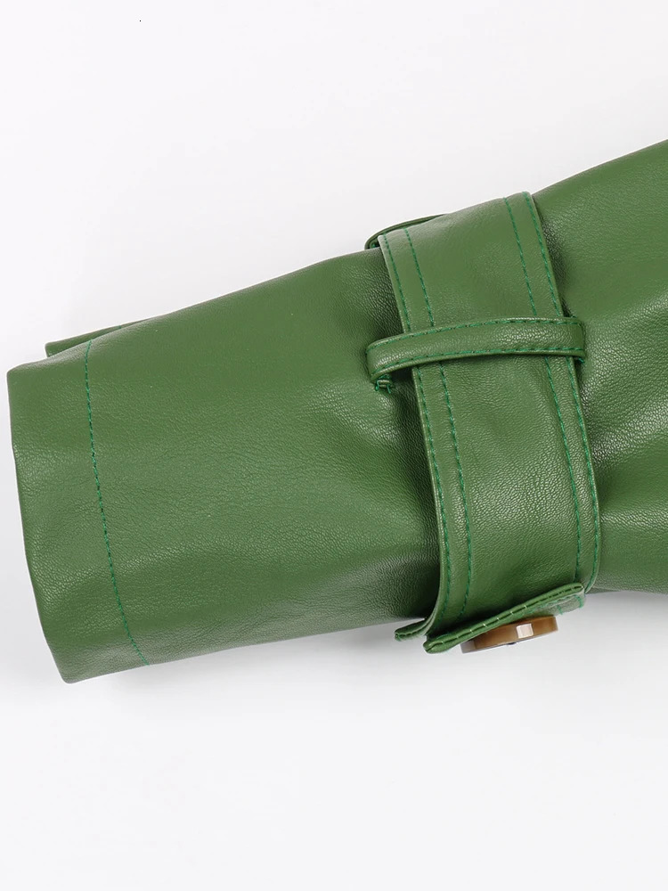 Nerazzurri Autumn Long Cool Green Pu Leather Trench Coat for Women Sashes Single Breasted Stylish Clothes 241115