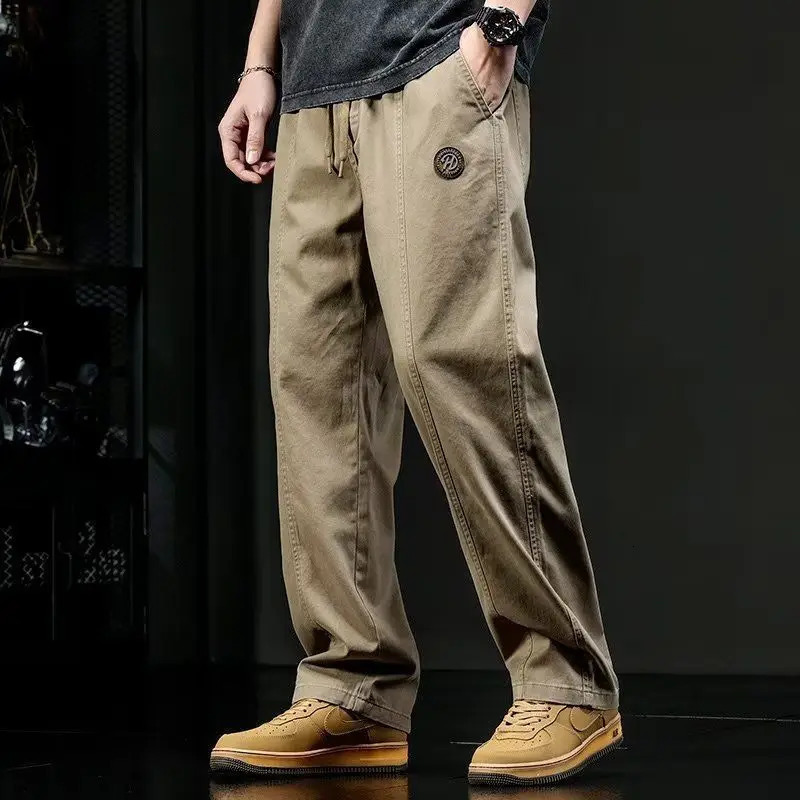 Retro pure cotton thick elastic waist brushed solid autumn and winter fully matched patch work bag straight casual cargo pants 241115