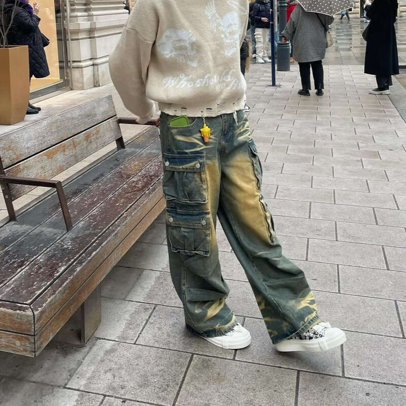 Y2k Hip Hop Retro Streetwear Mens Jeans Distressed Faded Washed Oversized Pockets Loose Cargo High Street Wide Leg Pants