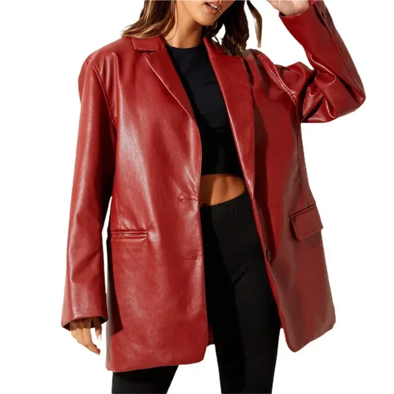 Ladies Vintage Faux PU Leather Blazer Women Jacket Coat Long Sleeve Flap Pockets Streetwear Female Veste Femme 241115