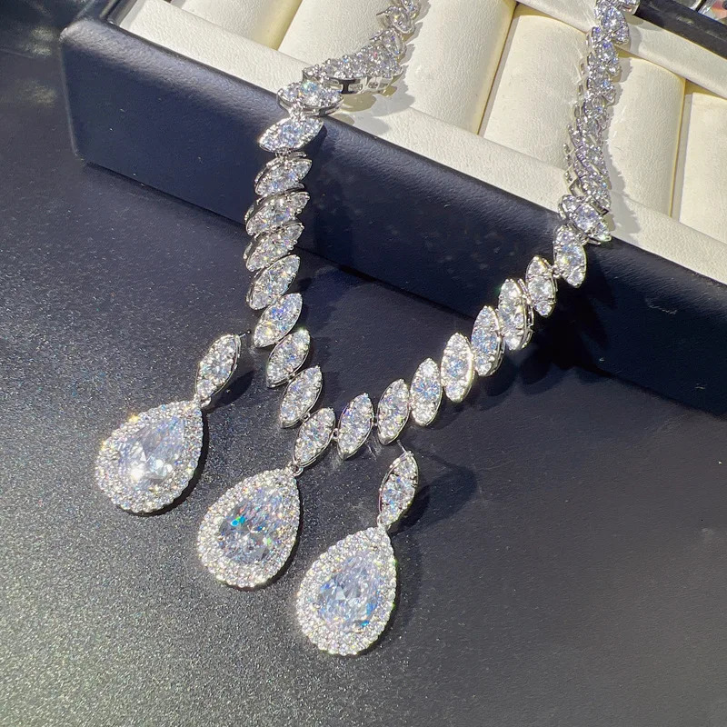 Drip Lab Diamond Jewelry Set 14K White Gold Engagement Wedding Earrings Necklace Female Bride Promise Gift 241115