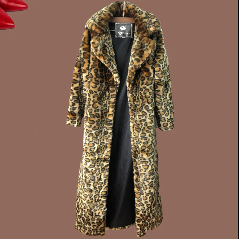 Womens leopard fur coat mink fur coat long fashion casual top Europe and America loose large size warm windbreaker 241115