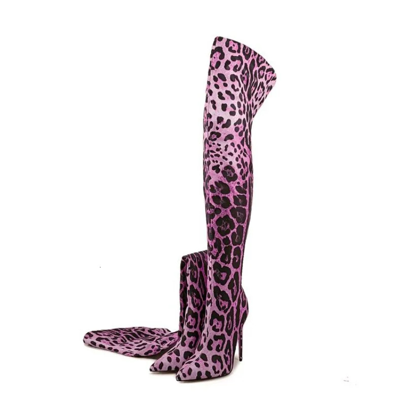 European And American Style Super Heels Women's Sexy Gradient Color Leopard Print Back Zipper Slim Fit Knee High Boots