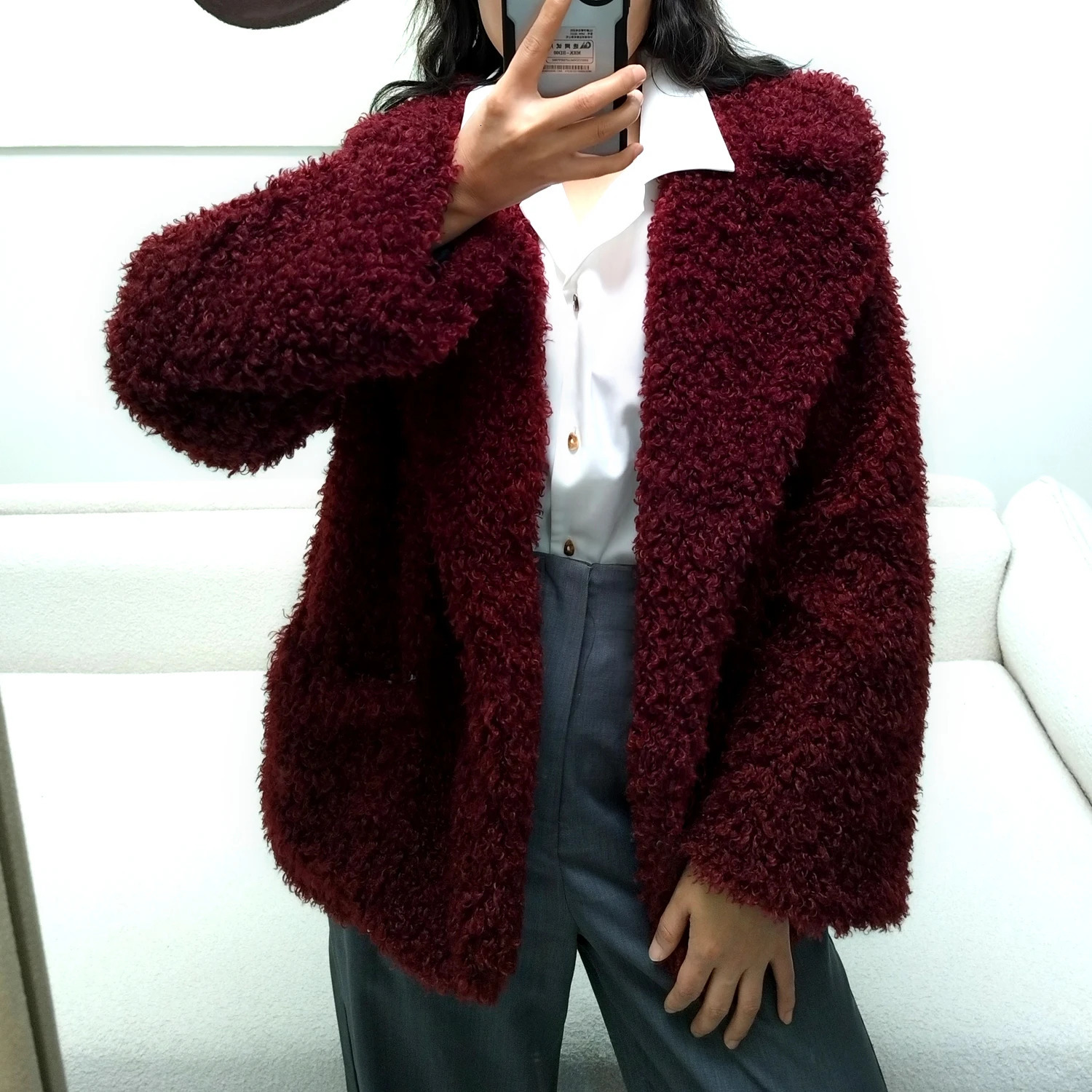 Womens Burgundy Fluffy Faux Lamb Curly Fur Jacket Furry Coat Winter 2025 241115