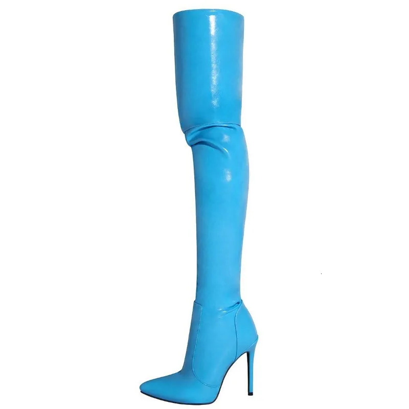 Sexy Pointy Toe Over The Knee Patent Leather High 11Cm Thin Heels S Tip Side Zipper Modern Boots Women Shoes