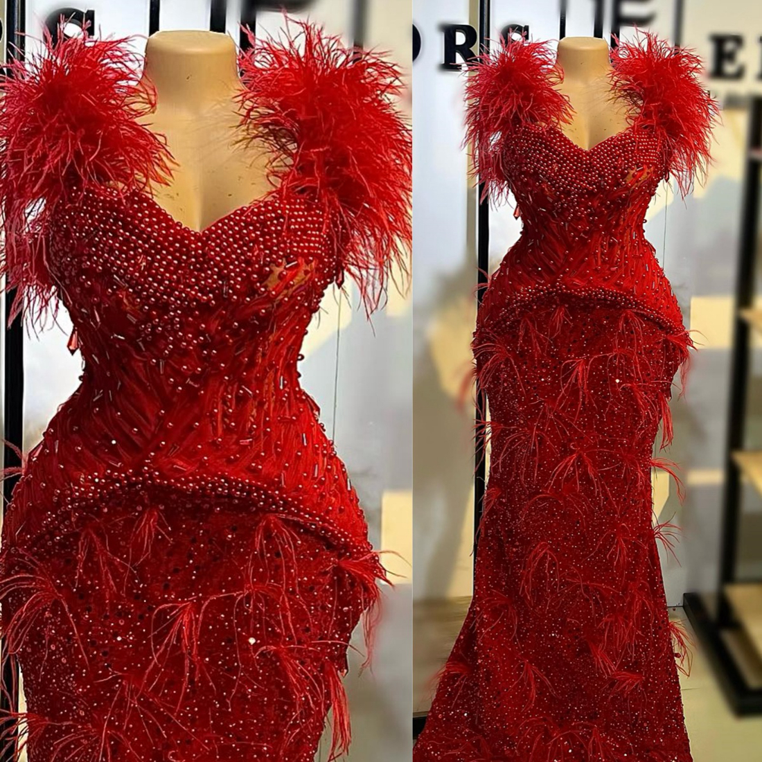 2024 Plus Size Prom Dresses for Black Women Red Feathered Sequined Lace Beaded Formal Dress Pearls Crystals Decorated Birthday Dress Second Reception 