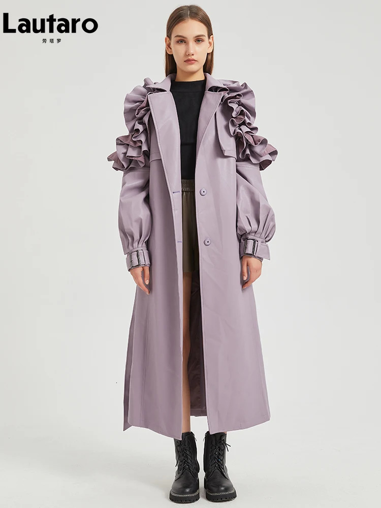 Lautaro Spring Autumn Long Ruffled Soft Pu Leather Trench Coat for Women Belt Elegant Clothes Runway Fashion 241115