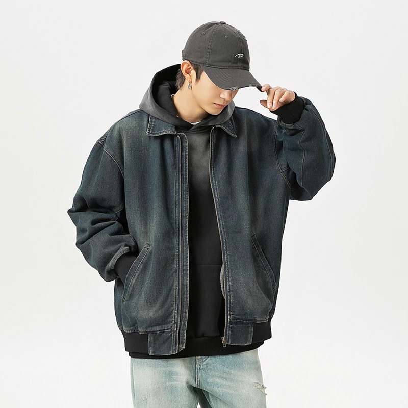 Mens denim jacket retro washed lapel jacket autumn fashionable loose denim jacket zipper n pilot workwear jacket 241115