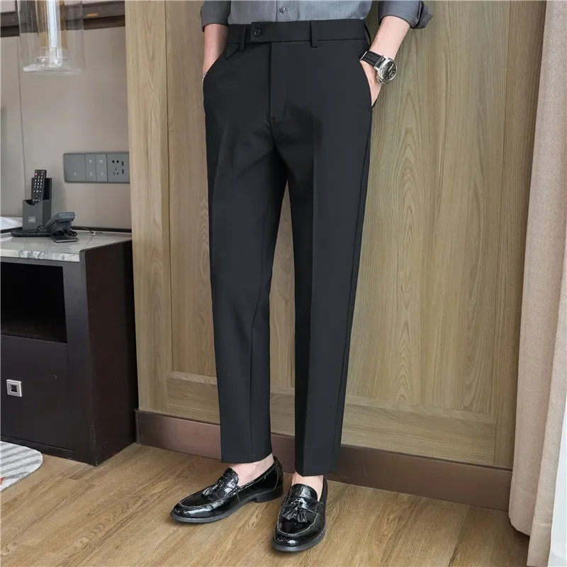 Mens set pants spring elastic waist solid slim fit dress for office casual mens wear 241115