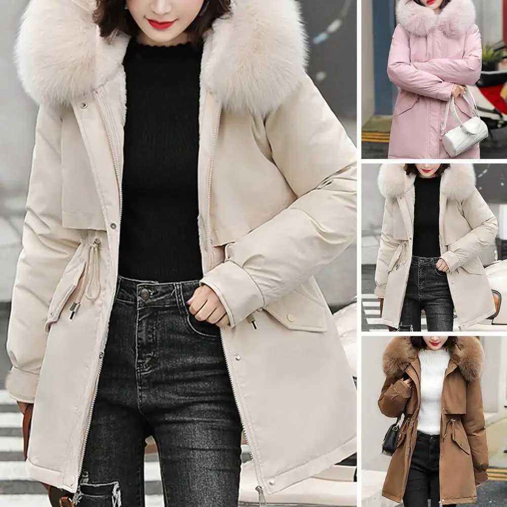 Fur Collar Hooded Parkas Slim Womens Cotton Jackets Korean Zipper New Winter Coats Warm Mid Length Quilted OuterwearC241115