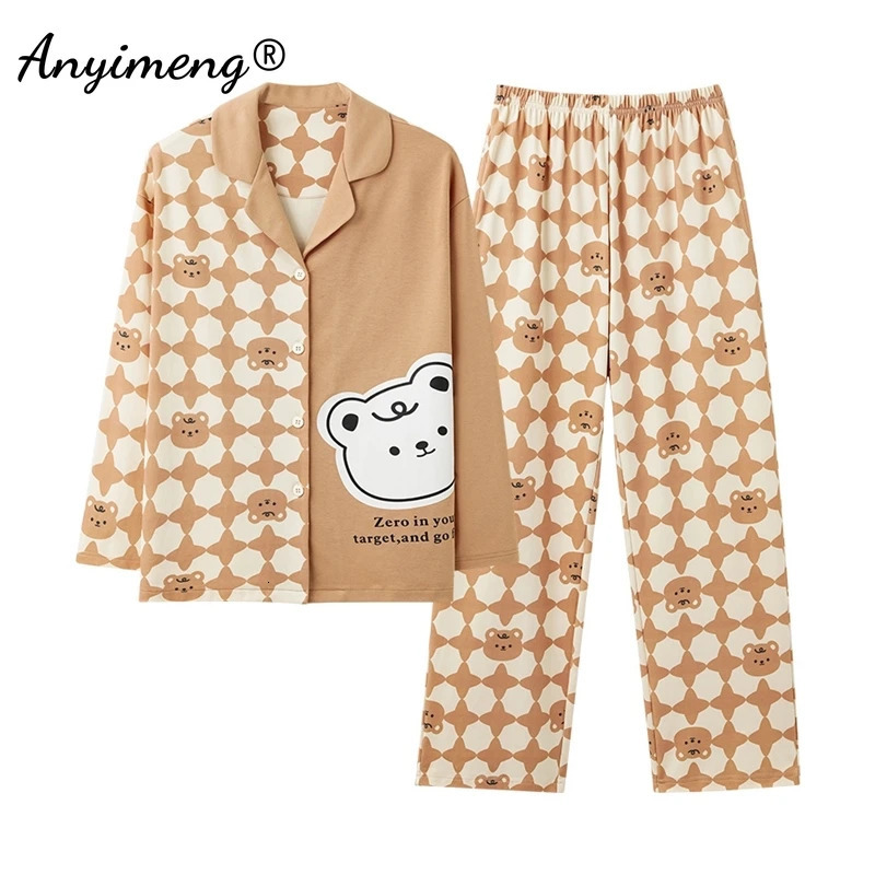 Cute rabbit printed pajamas for autumn and winter womens cotton sleepwear long sleeved sleepwear for womens open top sleepwear lapel Japanese sleepwea