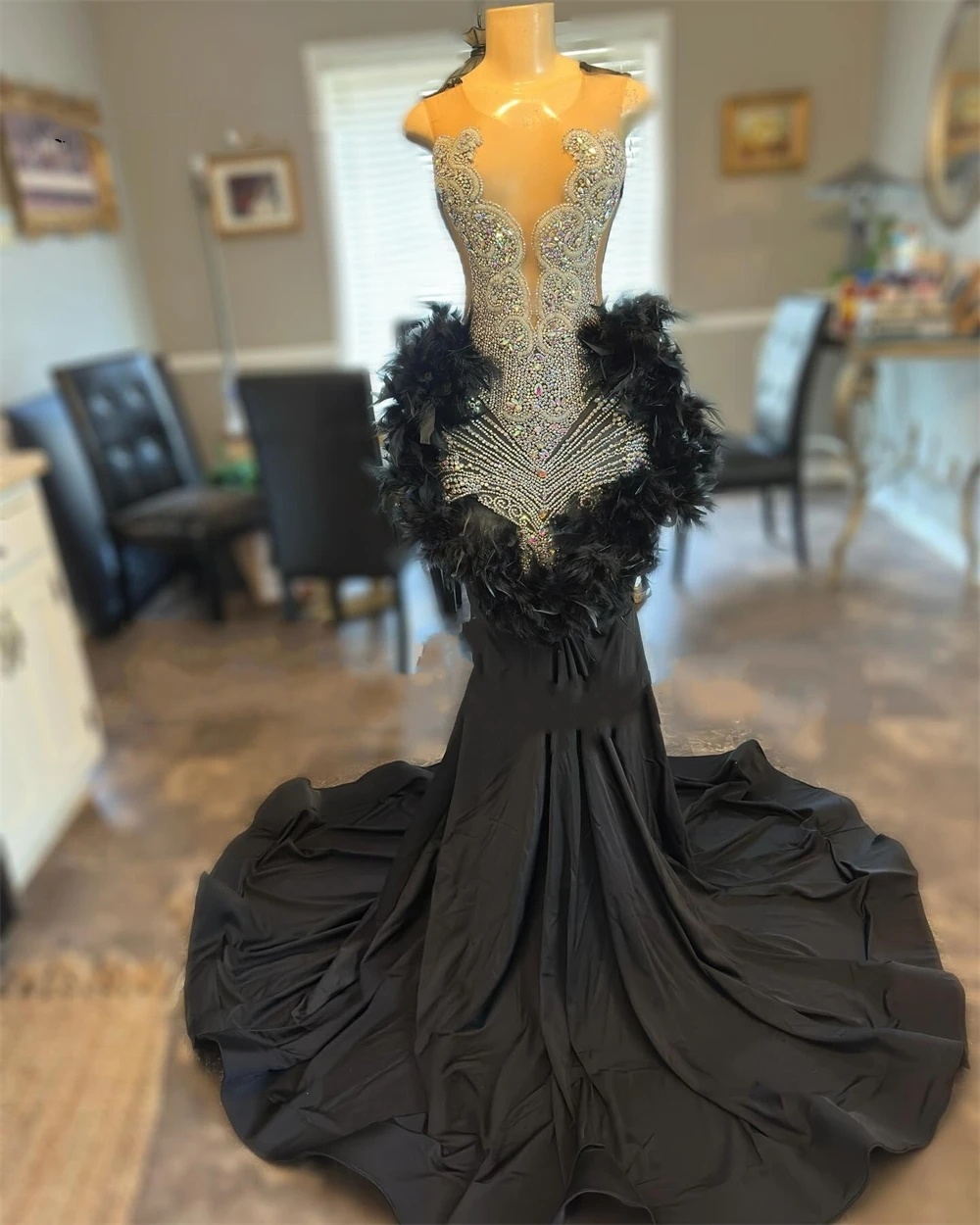 Feathers Sier Rhinestones Prom Dresses 2024 For Black Girls Sheer Mesh tail Gowns Sparkly robe de bal