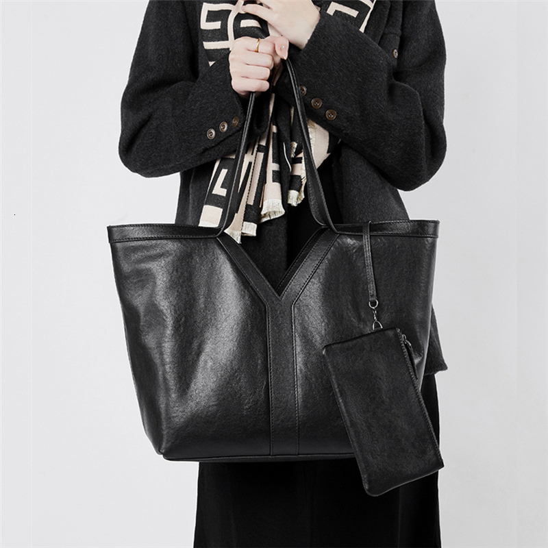 2 Pcs/Set Cow Genuine Leather Large Tote Shoulder Bags For Women Winter Designer Commuter Shopper Ladies Handbags Vintage BagVoyage