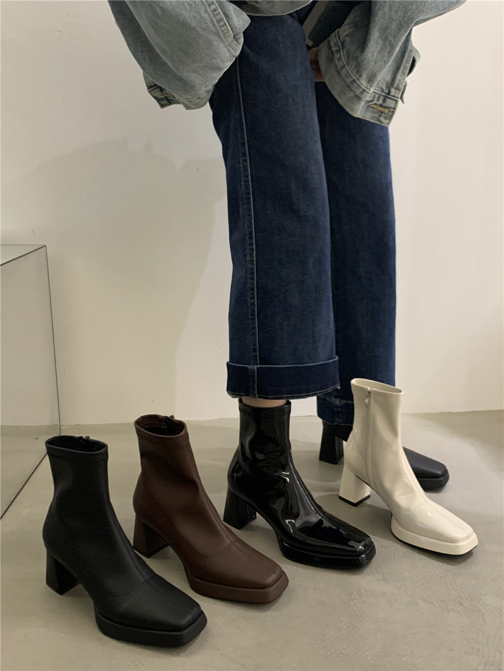 French Square Toe Thick Heel Zipper Short Boots.