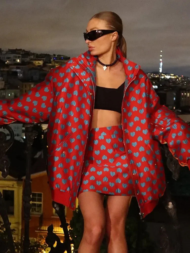 Fashion Love Printed Womens Ski Set Y2K Large Vertical Collar Cotton Thick Zipper Pocket Jacket Mini Ski Set 2-piece Set 241112