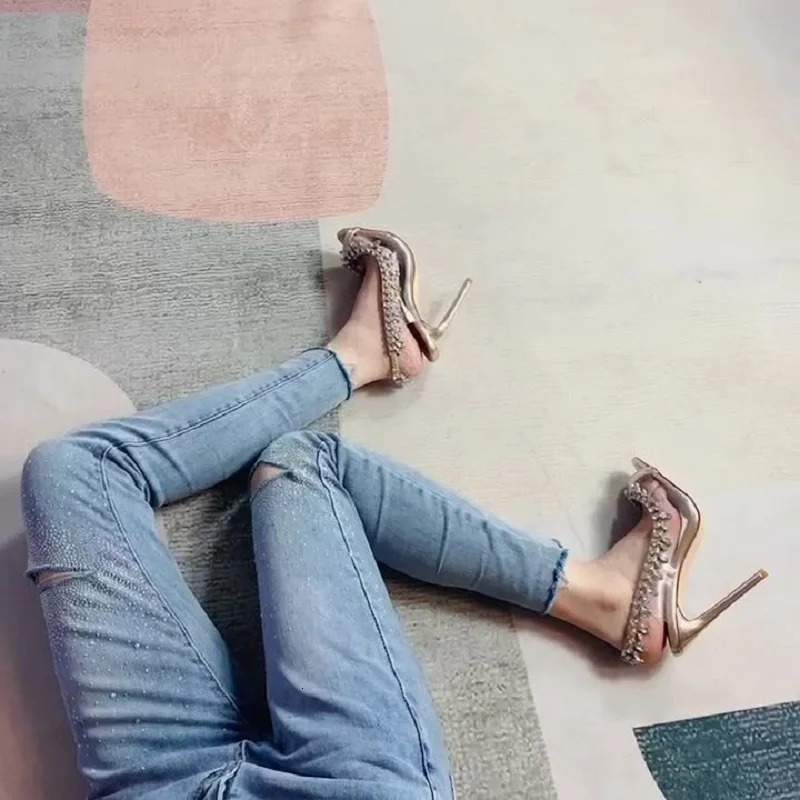 Silver Pink PVC Clear Heeled Sandals Women Pumps Sexy Rhinestones Thin High Heels Shoes Pointed Toes Party Nightclub Sandals 241115