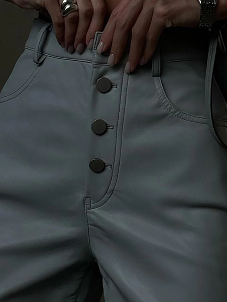 Cryptographic Fashion White PU Leather High Rise Pants Street Clothing Casual Button Straight Leg 241115