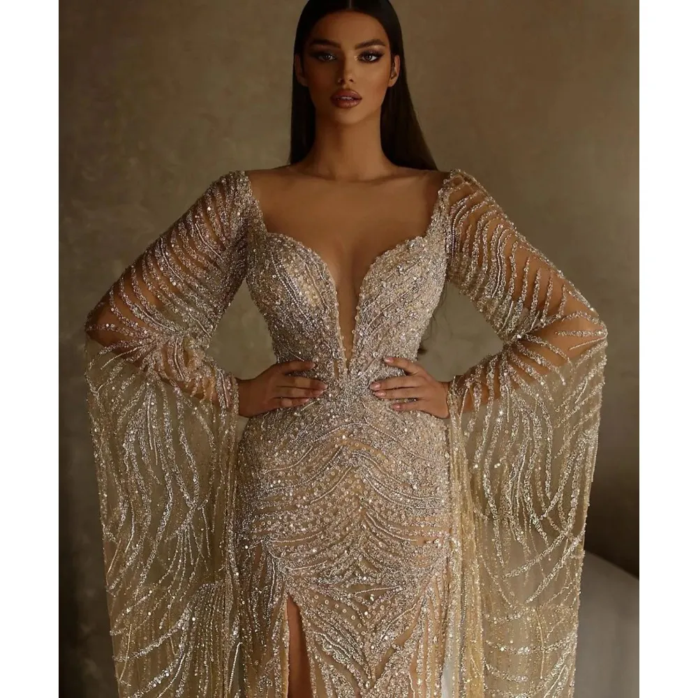 Saudi Arabia 2024 Haute Couture Mermaid Wedding Dress Illusion High Split Bridal Gowns Bride Princess Celebrity Beads Sequins Robes
